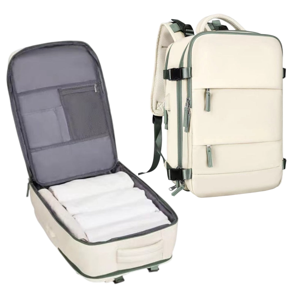 Mochila de cabina NÓMAT beige abierta en plano con la ropa organizada dentro